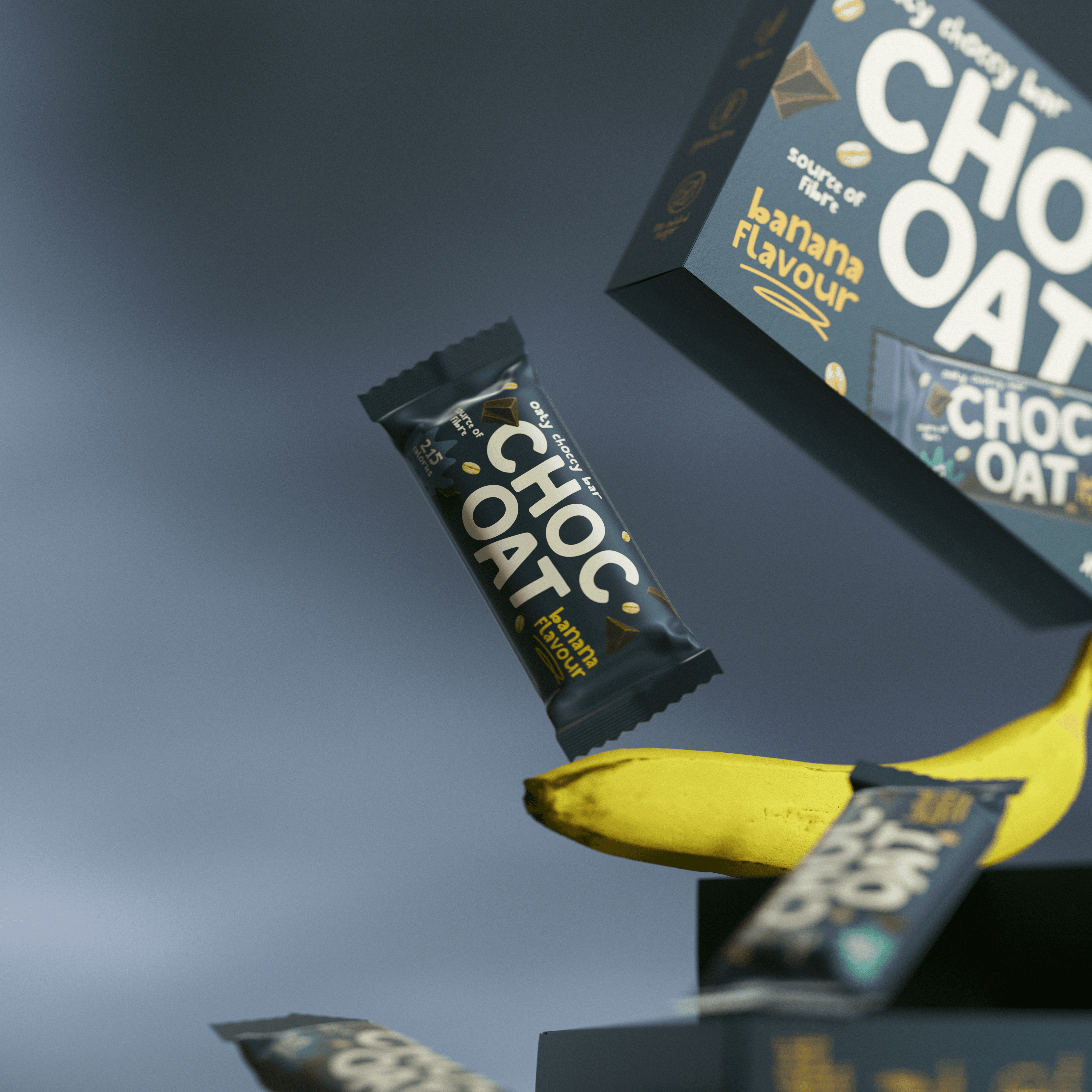 A stack of green packages labeled "CHOC OAT," with one box leaning against the others and scattered chocolate chips.