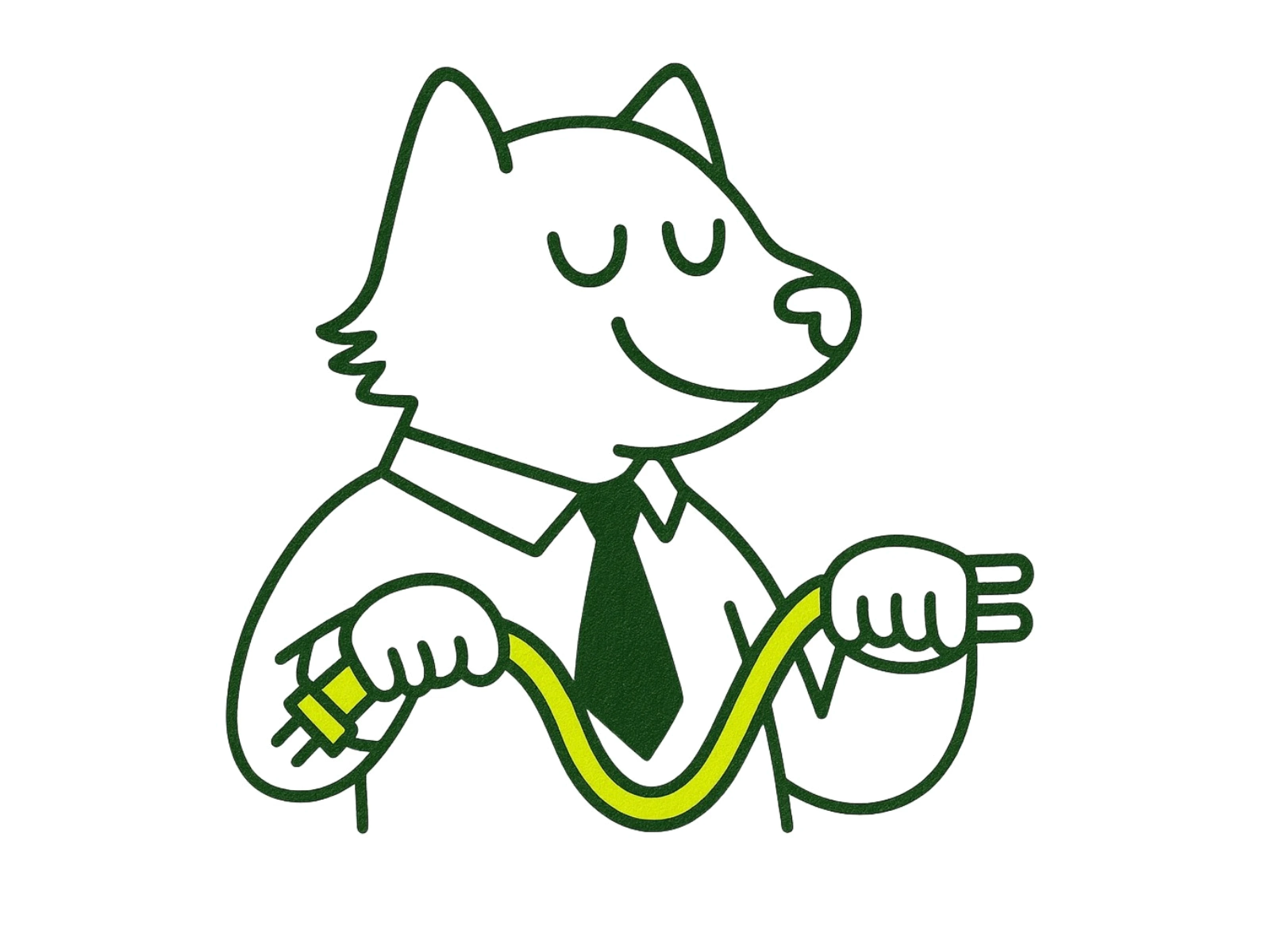 A graphic of a white dog with a green tie holding a yellow wire, representing NocodeLinke.