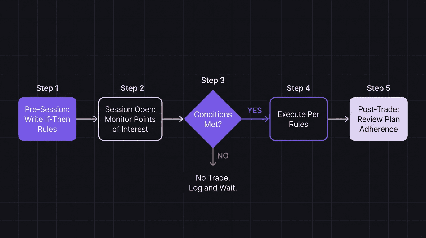 Flowchart showing the if-then trading workflow from pre-session planning through execution and review