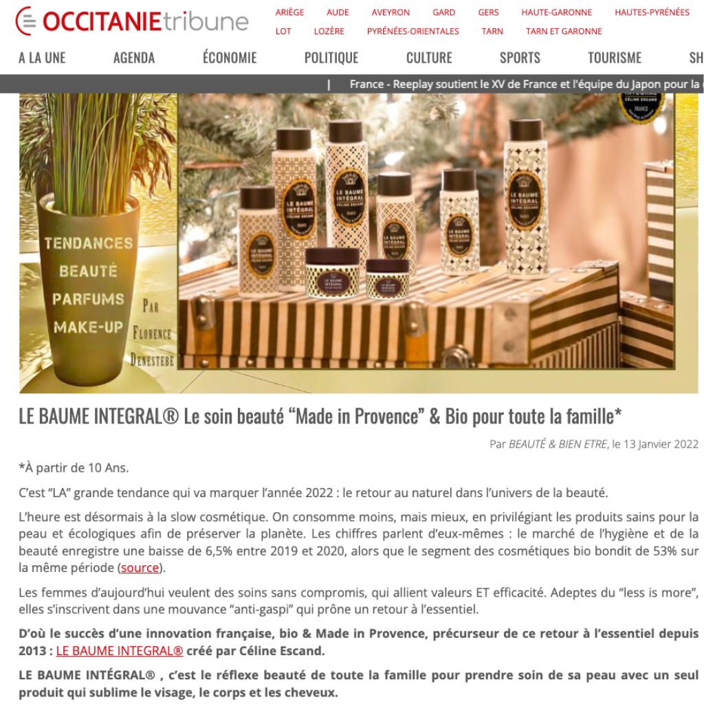 Gamme complète Le Baume Intégral présentée dans un article Occitanie Tribune, coffrets beauté bio made in Provence, ambiance naturelle et artisanale