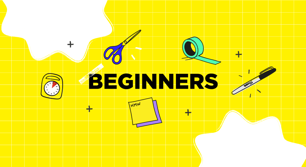 Beginners Design Sprint banner with scissors, washi tape, timer, Sharpie, and HMW note on bright yellow grid