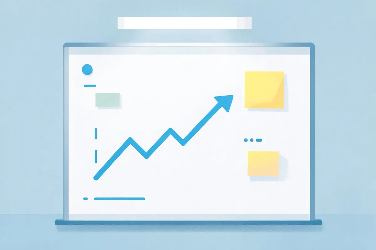 A strategic planning session with a whiteboard showing a growth chart and sticky notes, illustrating the development of a medical brand strategy.