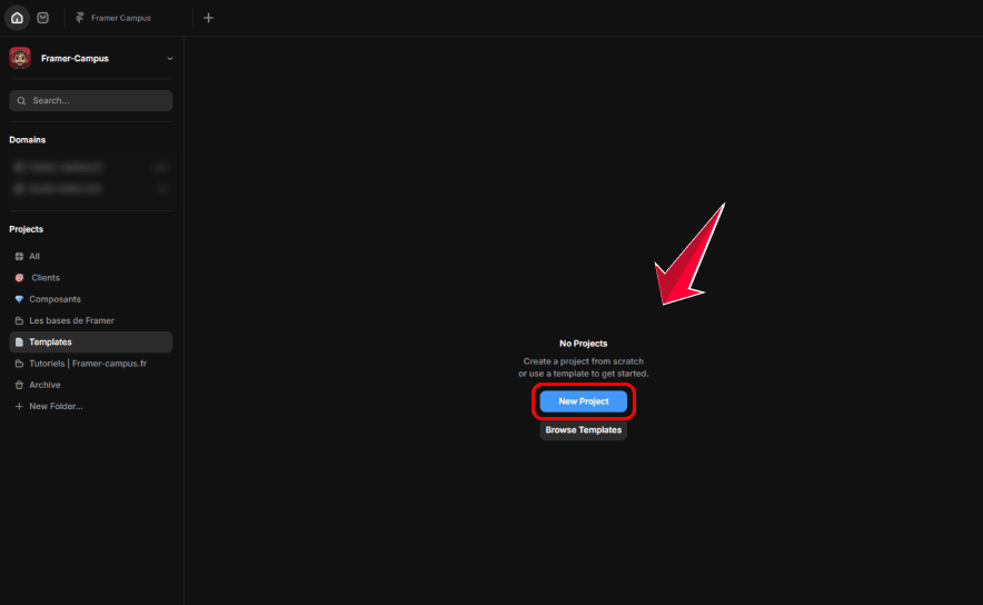 Dashboard Framer avec flèche pointant vers le bouton New Project pour créer un nouveau site