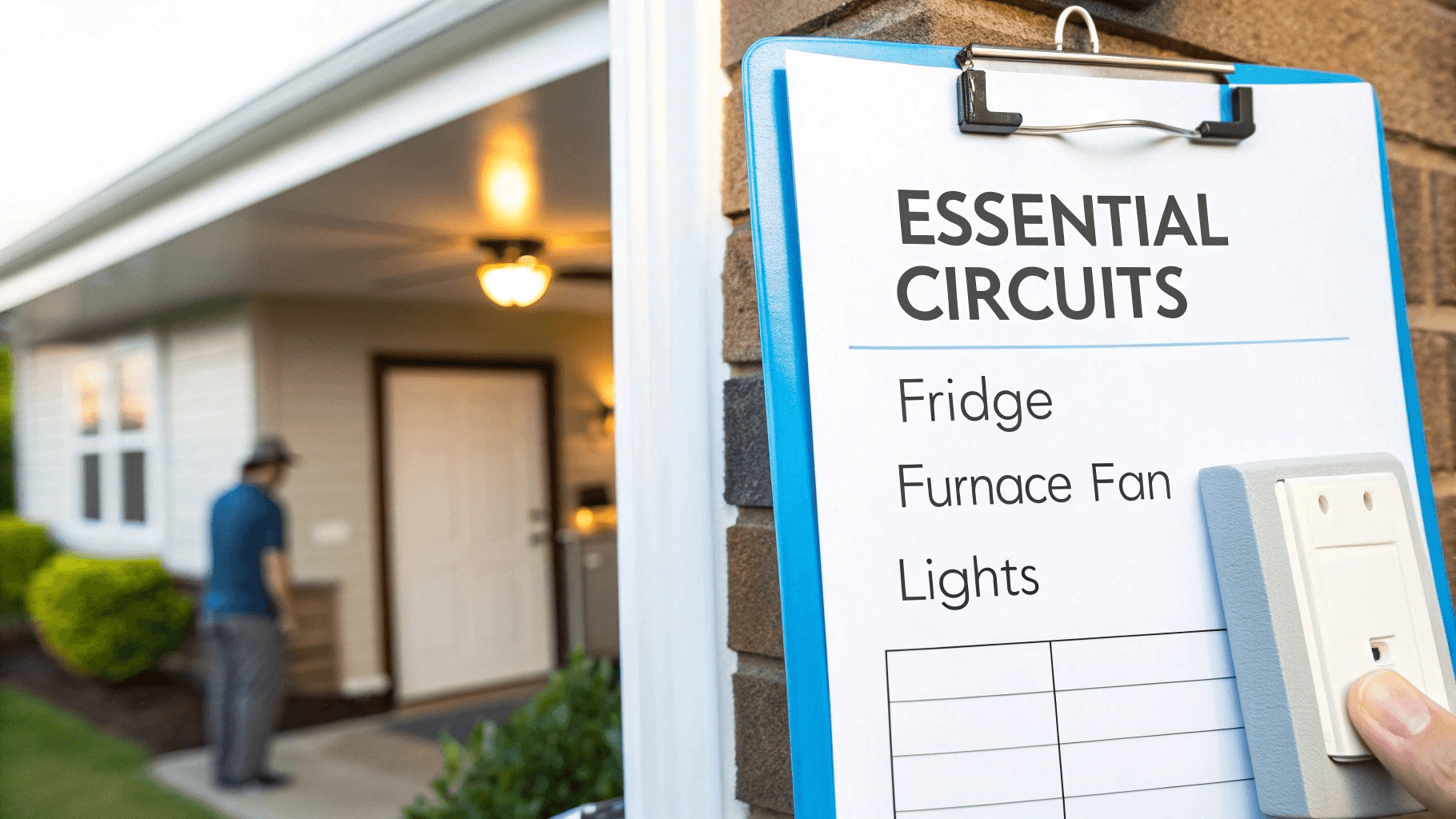 a clipboard showing 'essential circuits' along with 'fridge, furnace fan, lights'