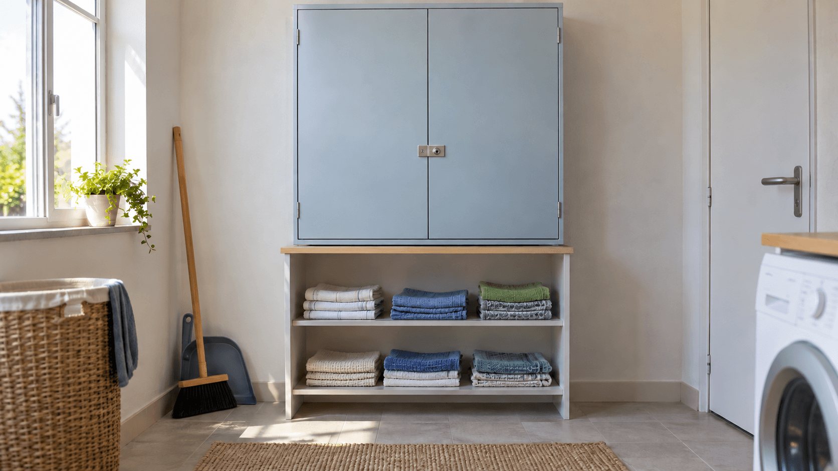 Placard haut bleu fermé par une serrure, au-dessus d’étagères contenant uniquement des chiffons pliés.