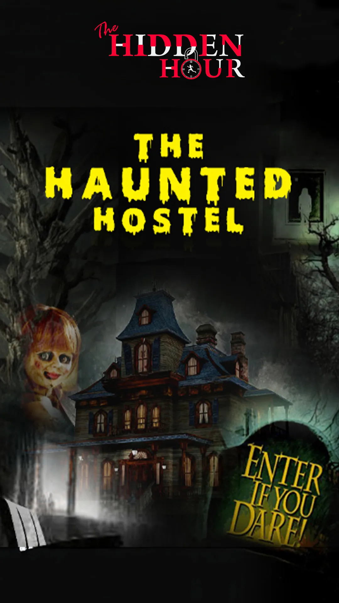Poster for the mystery escape game The Haunted Hostel