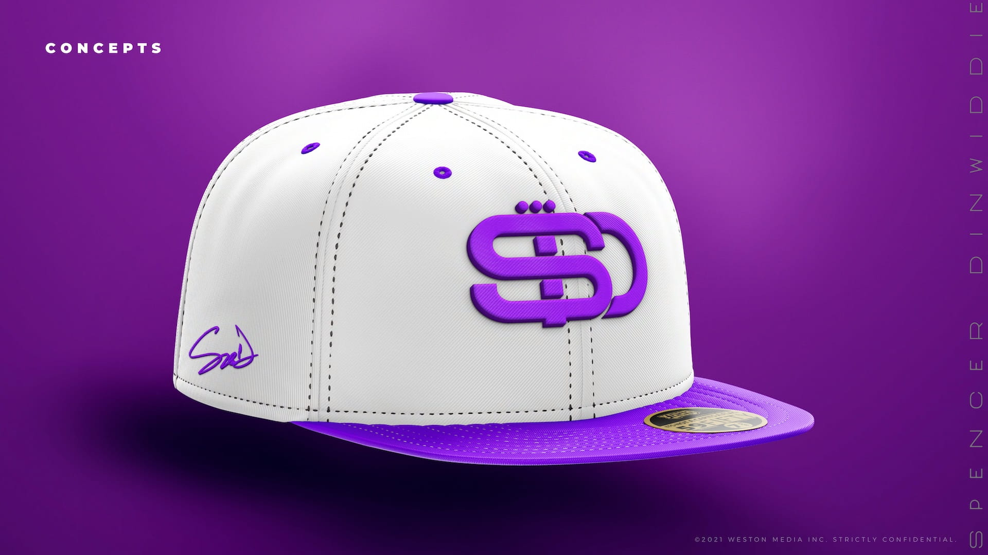 SD.26 white and purple snapback hat concept featuring raised SD logo and signature detail for Spencer Dinwiddie merchandise
