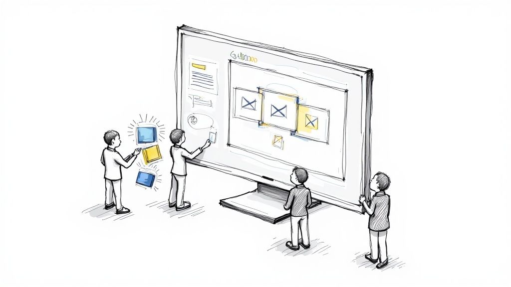 A team collaborating around a table, reviewing mockups and brand guideline documents.