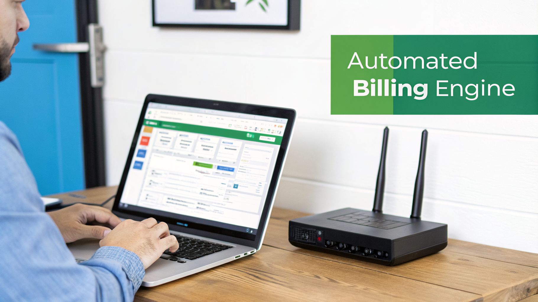 A professional uses a laptop to manage an automated billing system, with a network device on the desk.