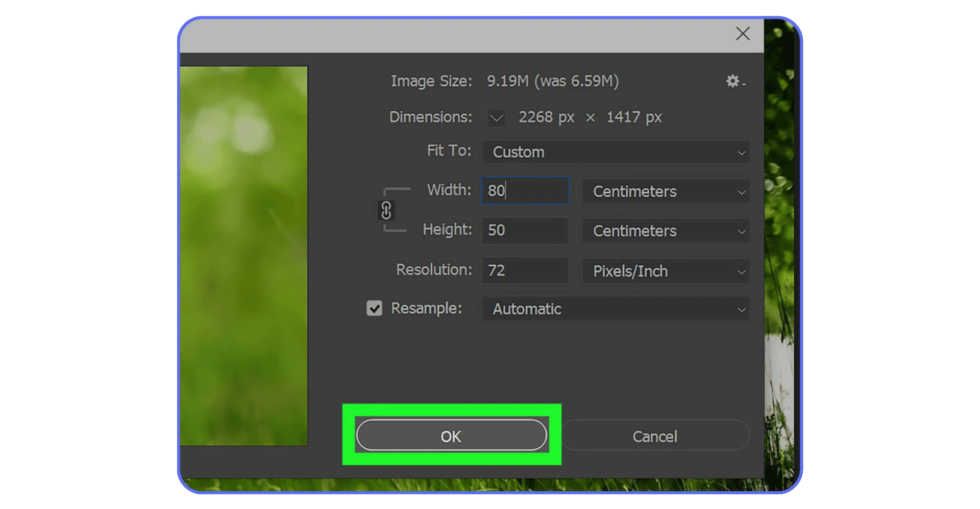 Photoshop Image Size dialog showing dimensions and resolution settings before resizing a rasterized image
