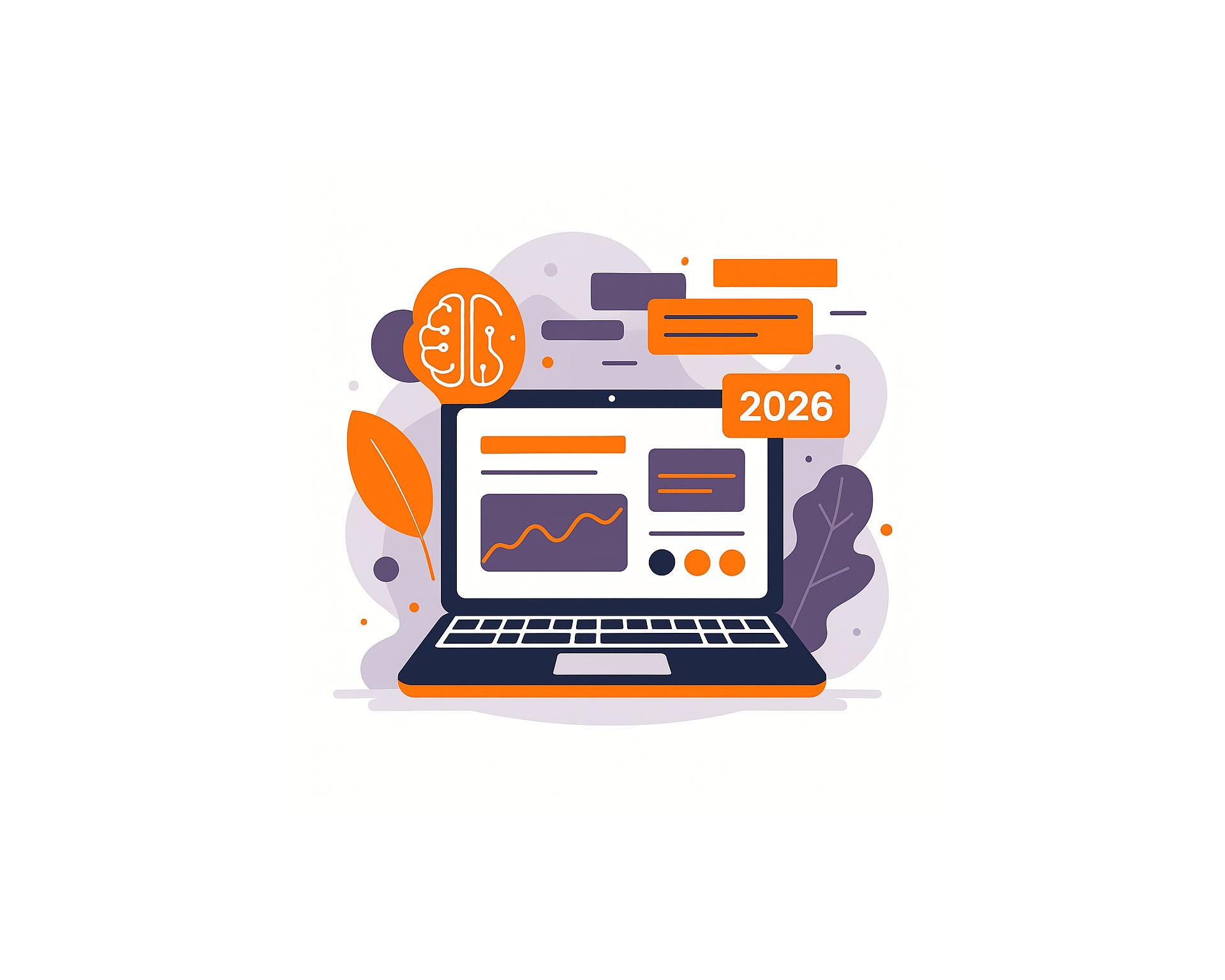 Illustration Webdesign-Trends 2026 – Laptop mit modernen UI-Elementen, KI-Symbol, Nachhaltigkeitsblatt und Jahreszahl 2026 für KMU in der Schweiz und Liechtenstein