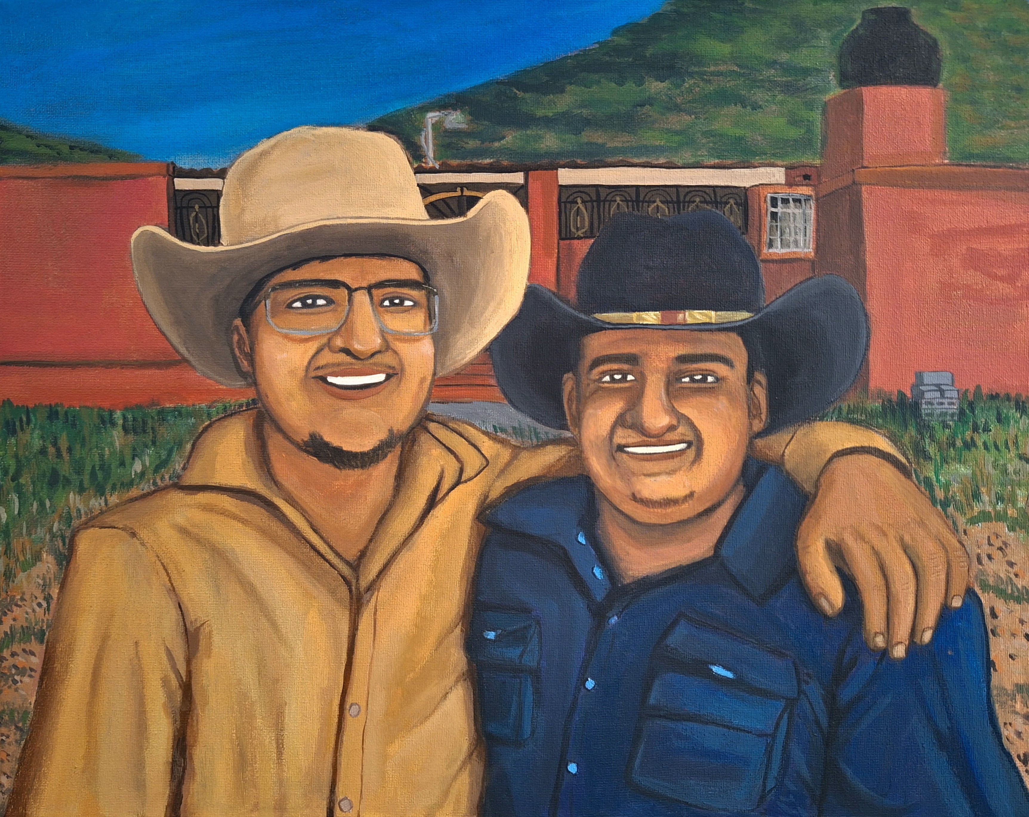 A father and son embrace.