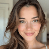 Close-up portrait of a woman with long brown hair and a warm smile.