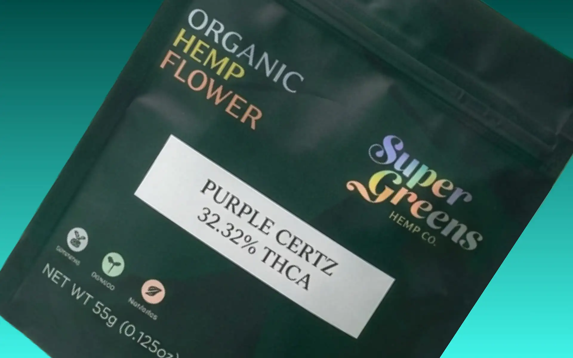 THCa hemp flower package label showing 32.32 percent THCA content