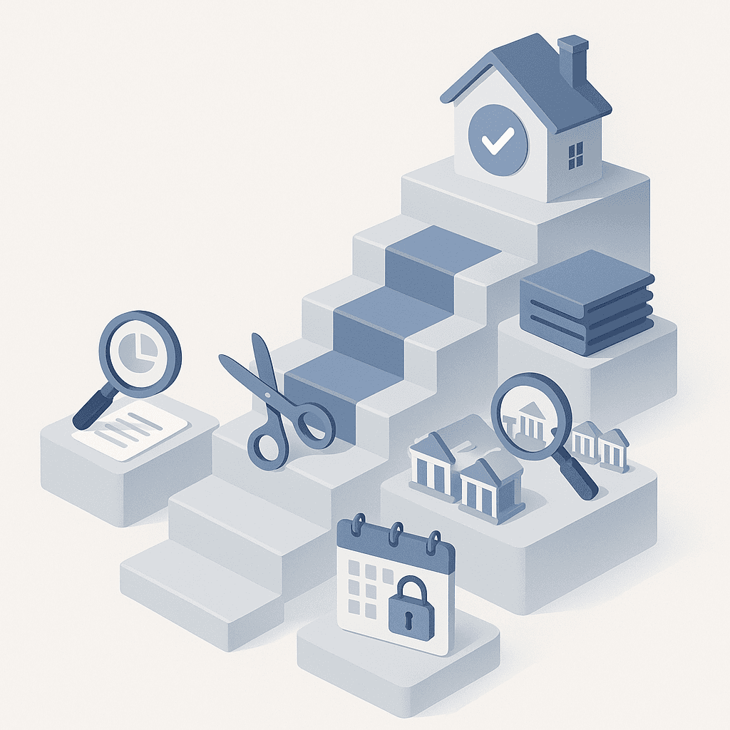 Five-step staircase infographic illustrating actions to secure the best mortgage rate