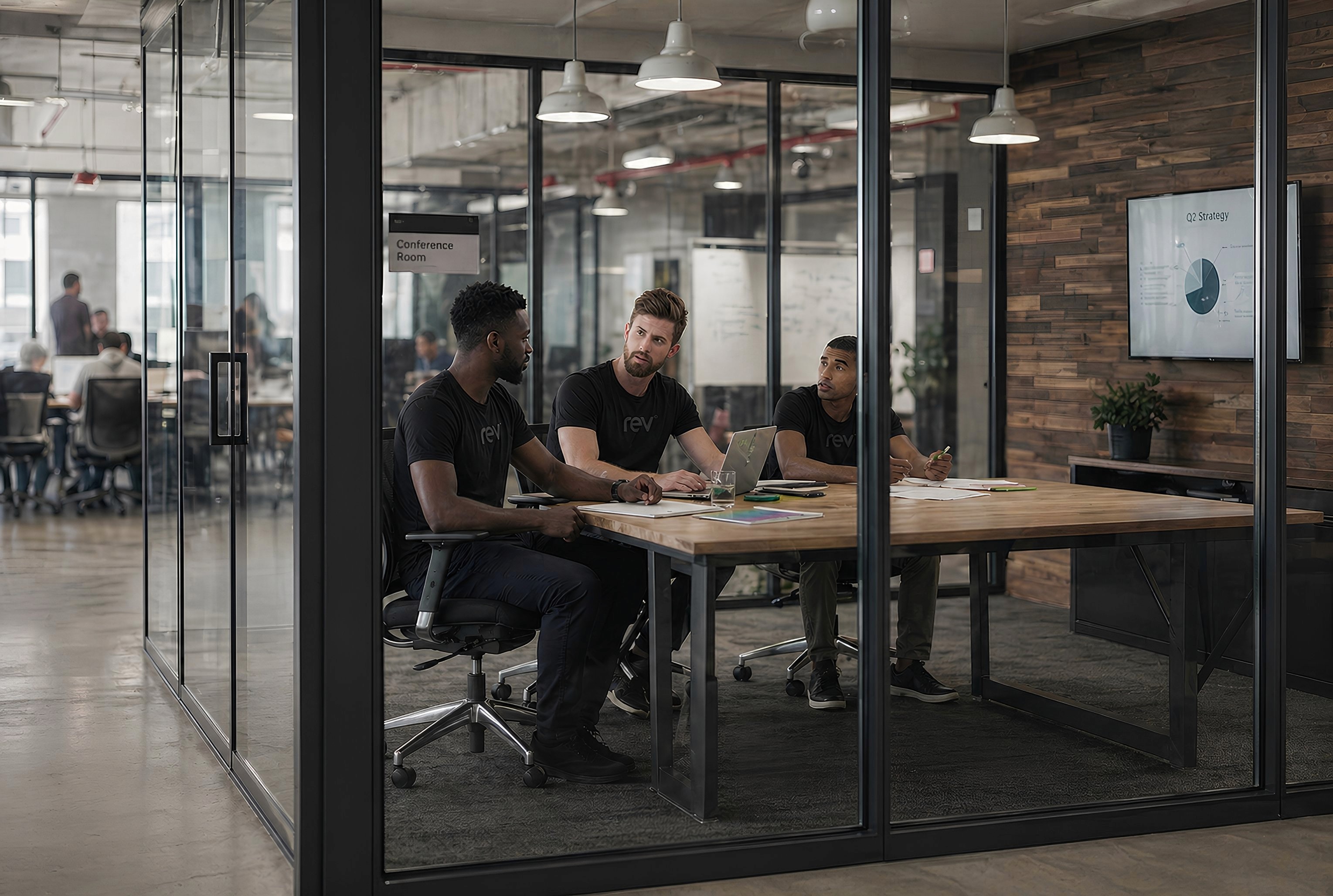 Spacious open-plan office with red accent furniture, indoor trees, and floor-to-ceiling windows
