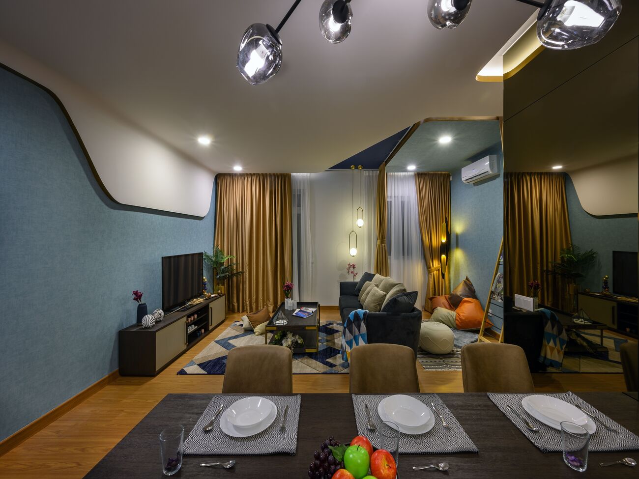 Zcube Designs living hall transformation with custom carpentry and lighting