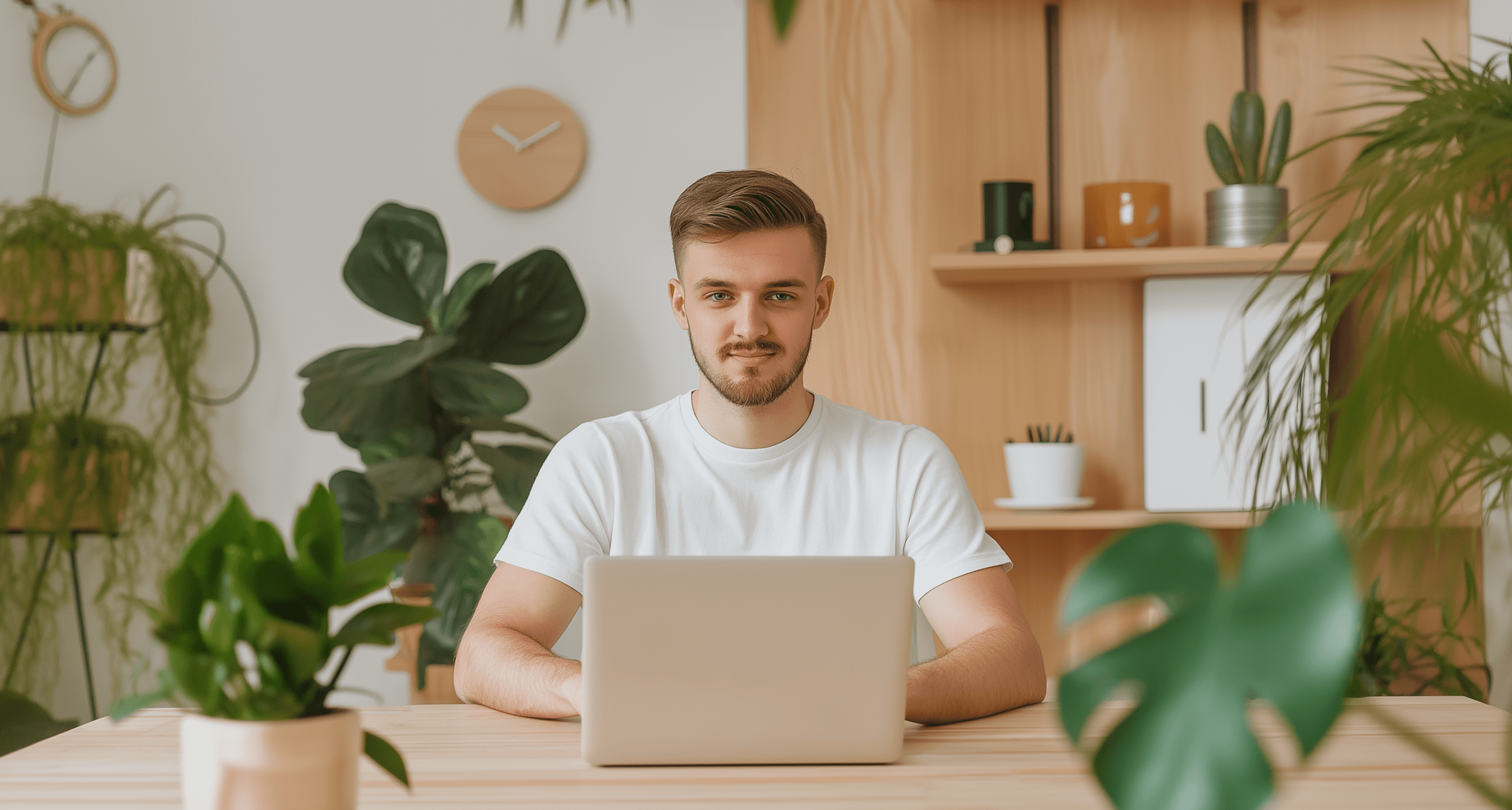 Young man with laptop in a green workspace.