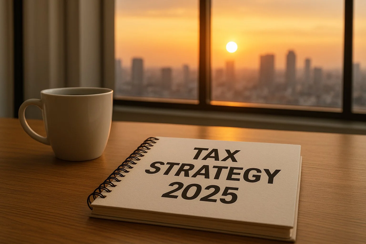 Financial advisor’s desk with a coffee cup and “Tax Strategy 2025” notebook, overlooking a city sunrise, symbolizing readiness and planning.
