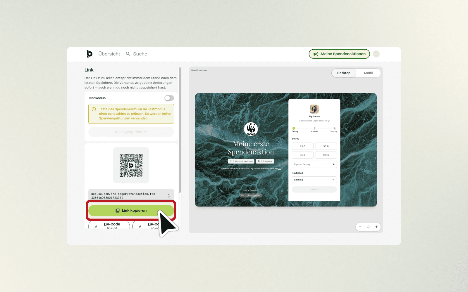 QR-Code und Textfeld mit dem Teilen-Link der Spendenaktion, darunter der Button Link kopieren.