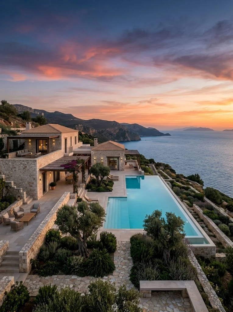 A high-angle, wide shot of a luxury stone villa built on a Mediterranean cliffside during a warm sunset. The estate features tiled roofs, multiple stone terraces, manicured green bushes, olive trees, and an expansive L-shaped infinity pool overlooking the deep blue sea and distant coastal mountains.