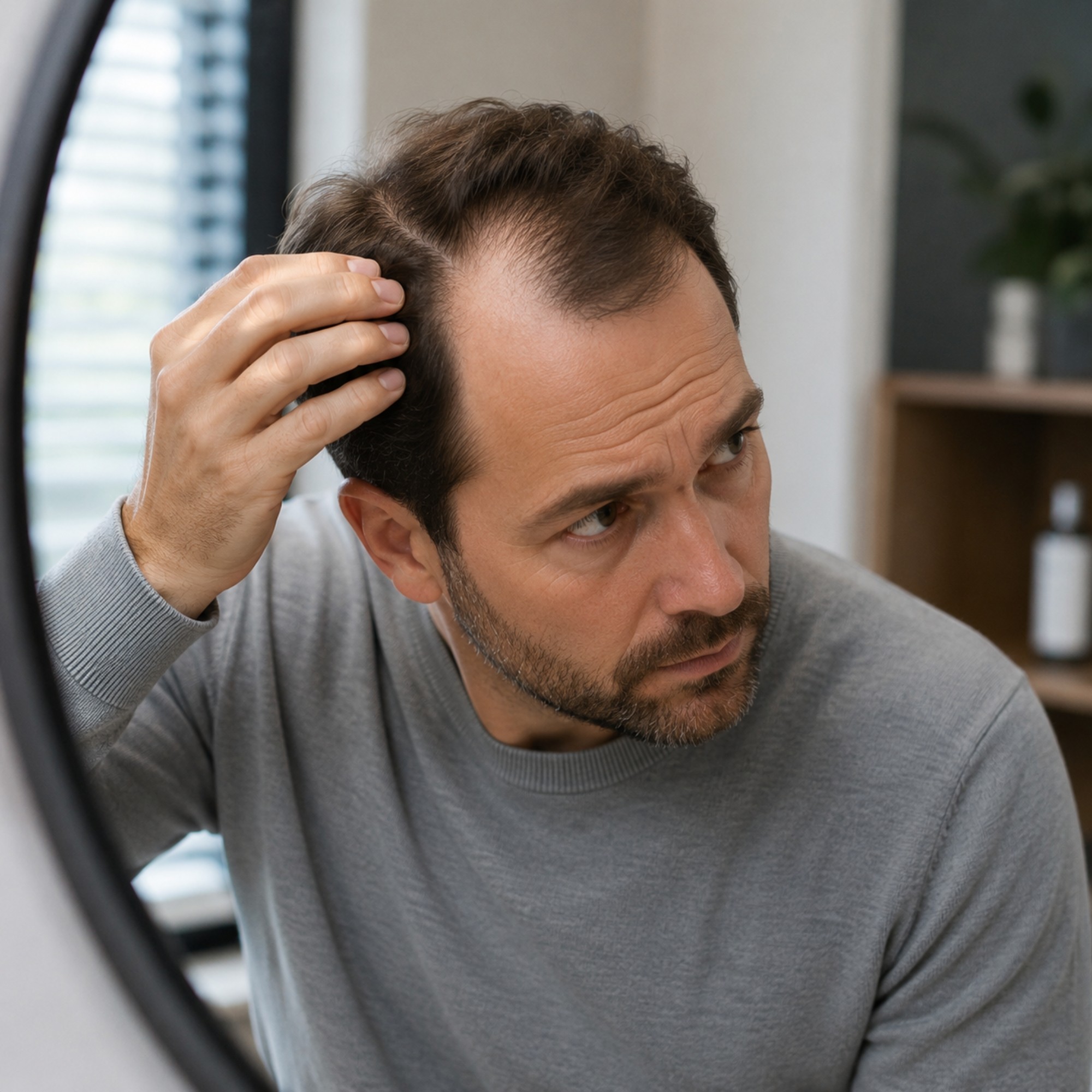 Man van middelbare leeftijd bekijkt zijn terugtrekkende haarlijn en lichte haarverdunning op de kruin, kenmerken die vaak passen bij erfelijke haaruitval.