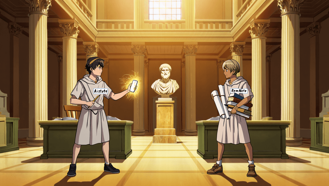 Dramatic face-off between Aistote and RemNote in neoclassical library