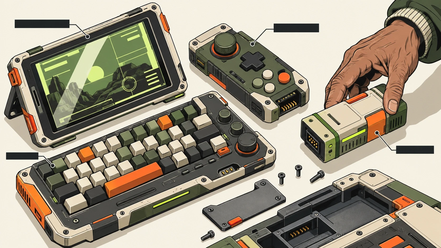 Repairable computer modules and tactile controls on a cream background