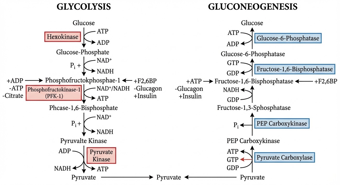 Glycolysis and gluconeogenesis pathways with regulatory enzymes