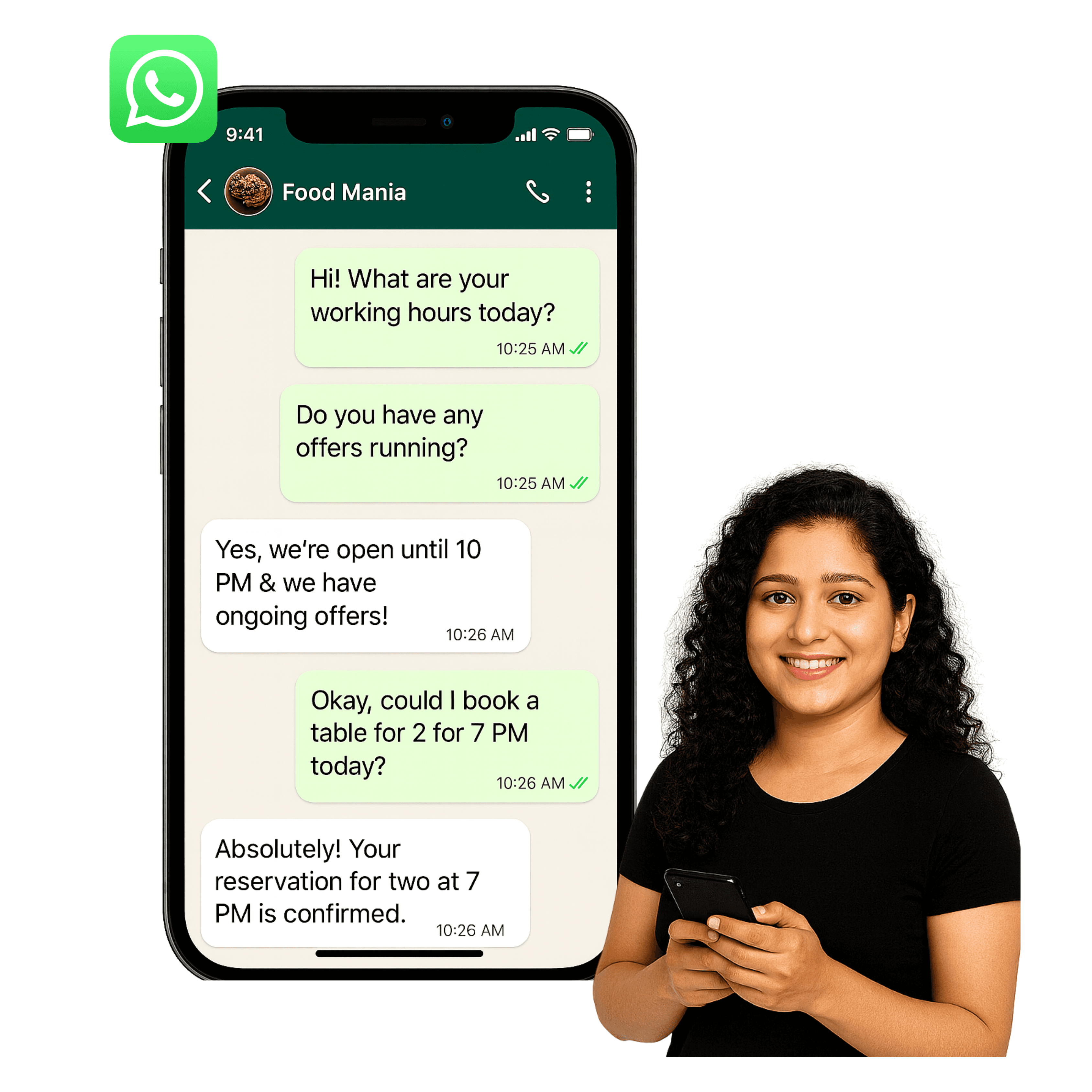 Example of WhatsApp AI assistant handling restaurant reservation queries.