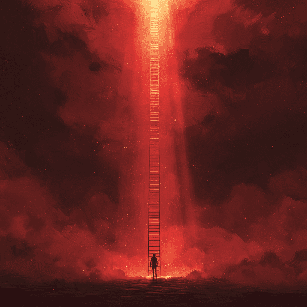 A dramatic, hyper-realistic scene of a lone figure standing at the base of an enormous, glowing ladder that stretches upward into a luminous sky, disappearing into the clouds. The entire image is saturated in shades of deep red (or rich green, depending on version), with gradients that evolve from dark and muted at the bottom to bright and radiant at the top, symbolizing the journey from obscurity to magnetic influence. The figure is small, backlit, surrounded by faint whispers of crowd silhouettes fading into the shadows — representing the anonymous masses. As the figure begins to climb, each rung glows brighter, etched with symbols of influence — a microphone, handshake, eye, crown. The atmosphere is emotionally charged, filled with swirling light particles and cinematic lens flares. High contrast, painterly textures, sharp depth-of-field, atmospheric haze. No text, no logos — just raw visual storytelling of elevation and mastery.