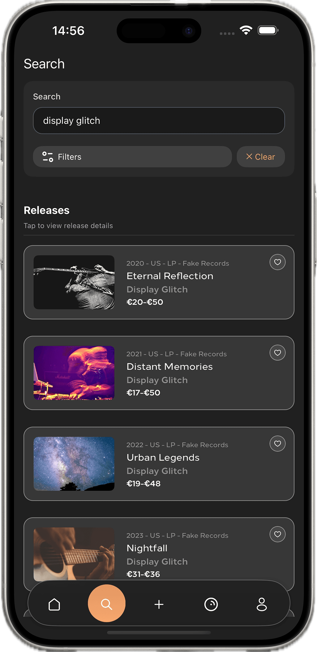 DWICE app showing curated vinyl recommendations with search and personalized results.