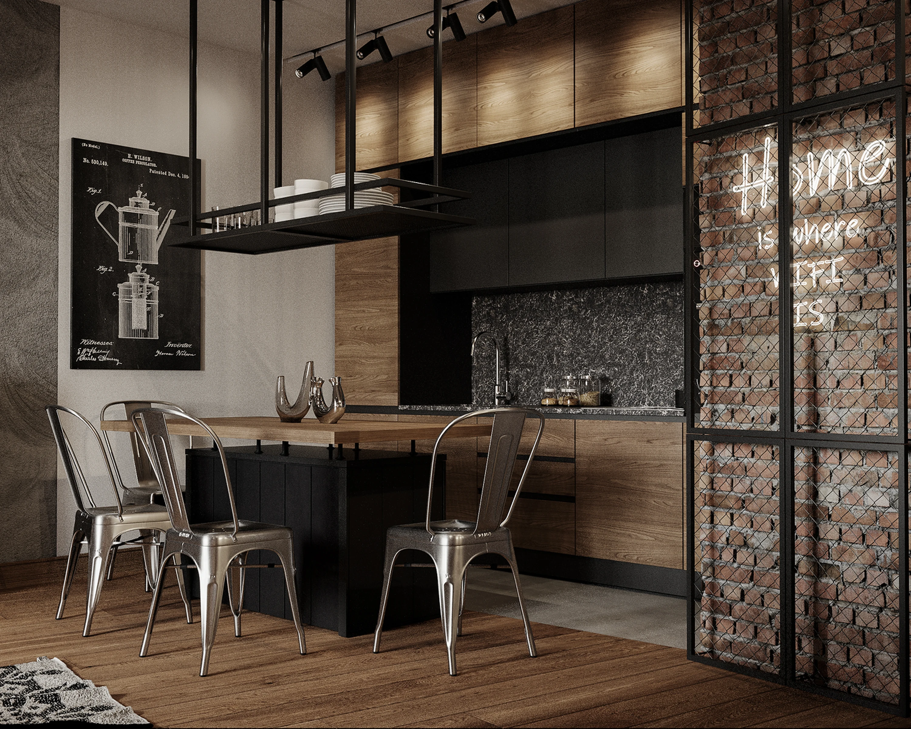 Détail — joint creux entre lambris et minéral.