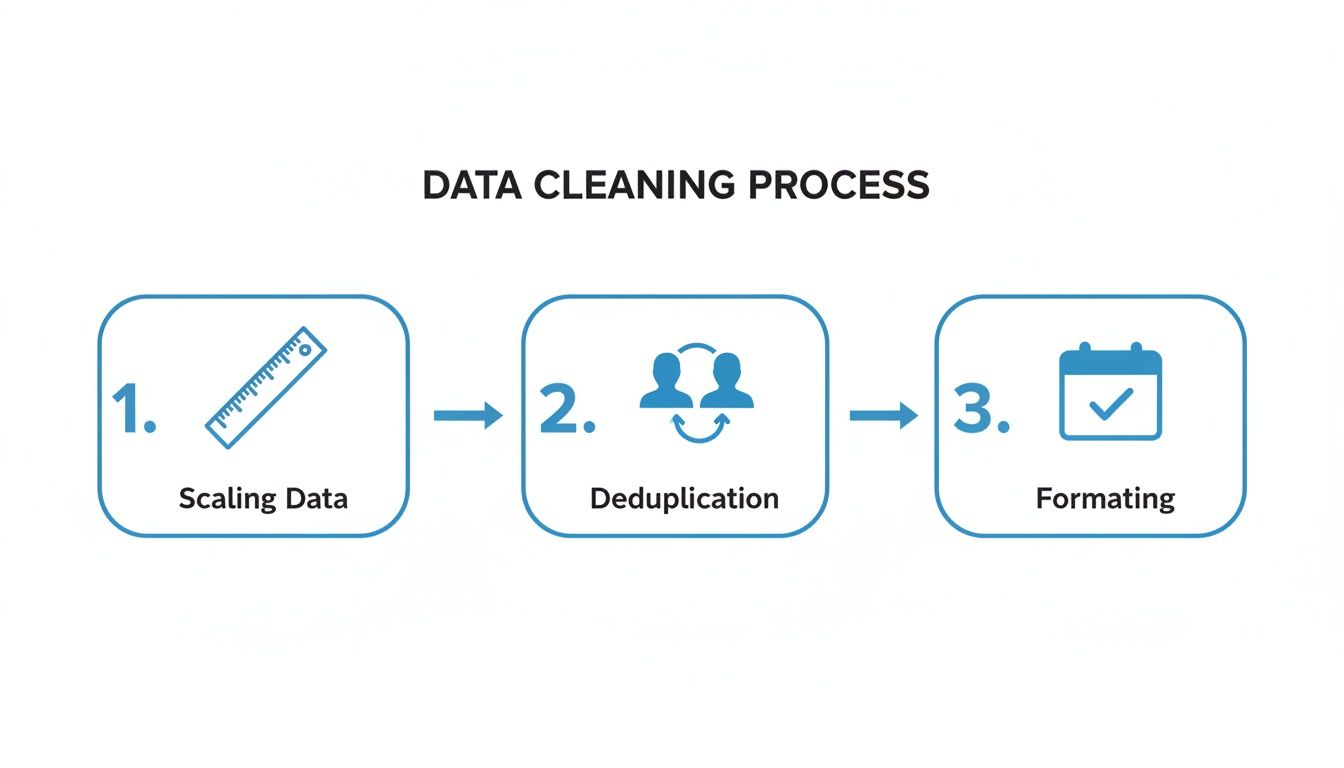 Diagram illustrating the three-step data cleaning process: scaling data, deduplication, and formatting.