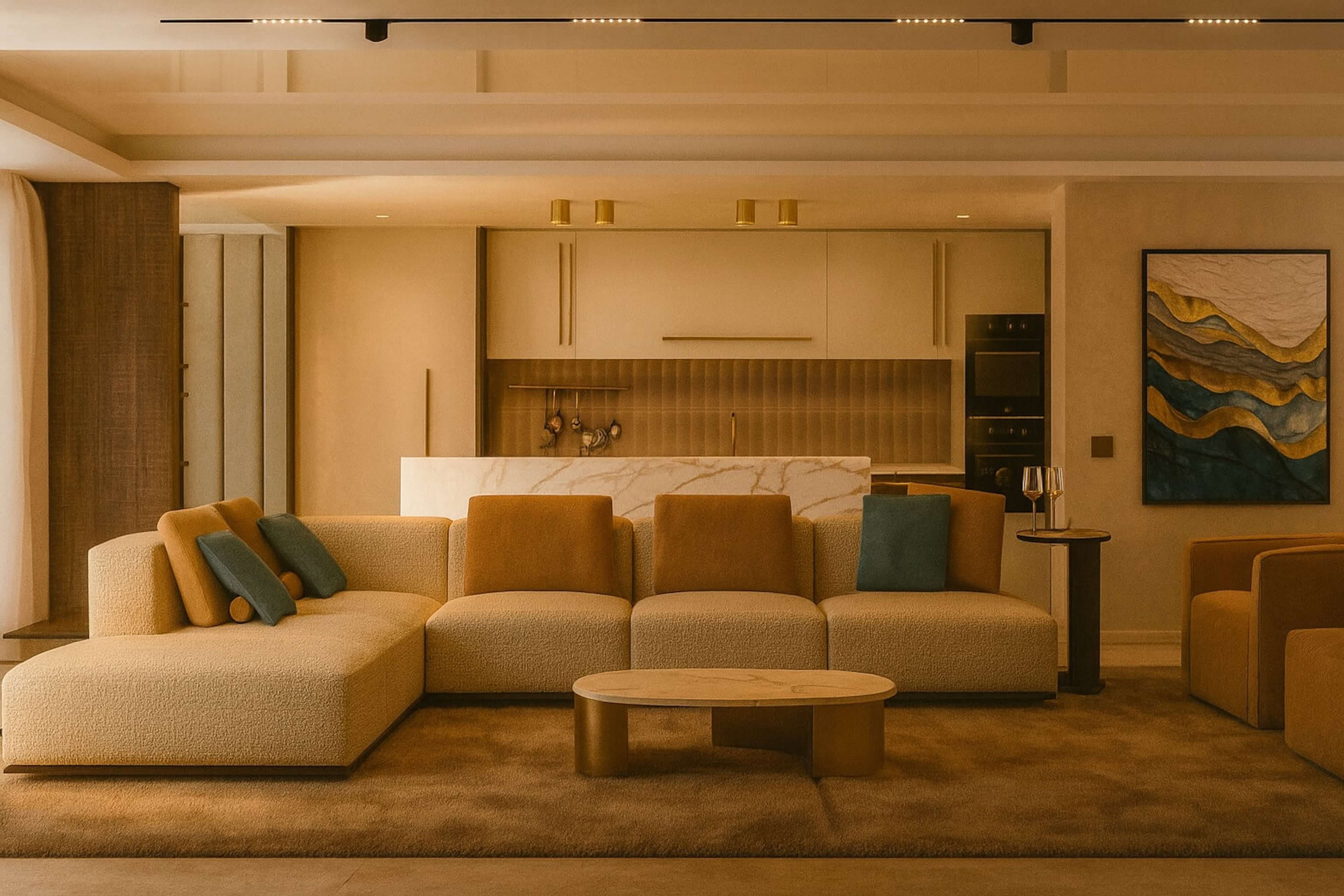 Contemporary living area blending a cream sectional sofa with rust and teal accent pillows, framed by a marble waterfall island and minimalist kitchen cabinetry.