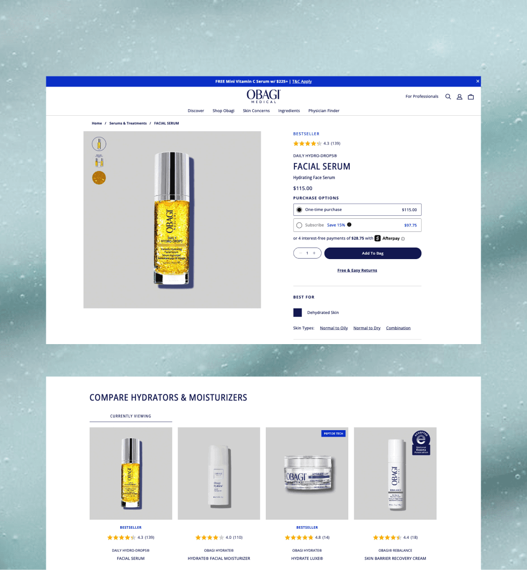 Obagi Shopify product detail page with skincare purchase options