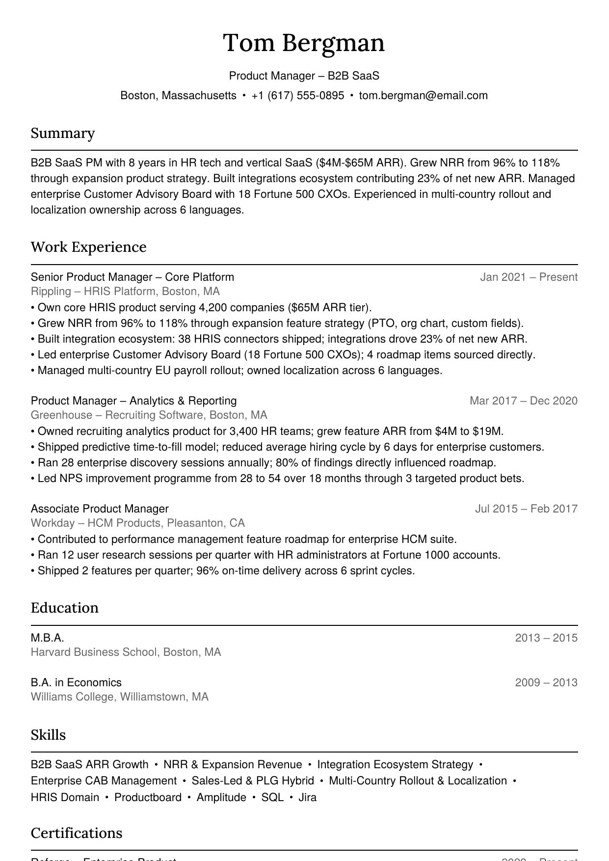 B2B SaaS product manager resume example