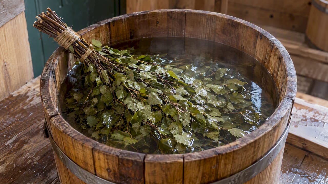 Birch venik soaking in a wooden tub