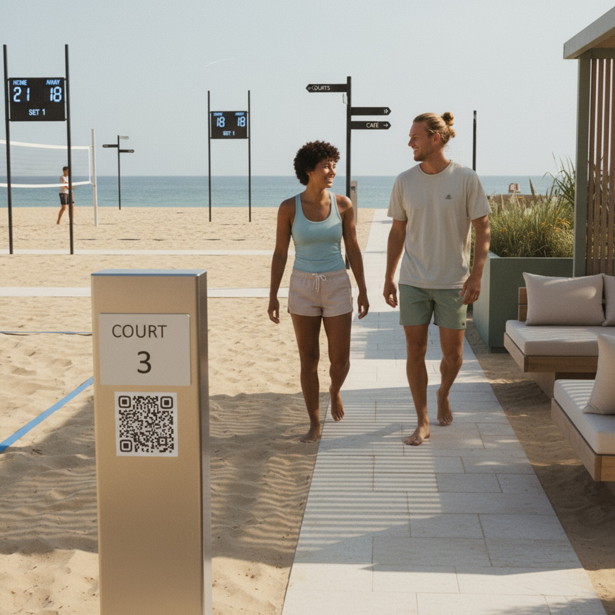 Am Court-Eingang ist ein kleines Schild mit Court-Nummer montiert, darunter ein QR-Aufkleber. Zwei Spieler betreten lachend den Sand, im Hintergrund zeigen digitale Anzeigetafeln Spielstände. Die Wege sind klar ausgeschildert, der Ablauf vor Ort wirkt reibungslos und modern. Ein sanftes Licht fällt über die Sitzecke neben dem Feld.