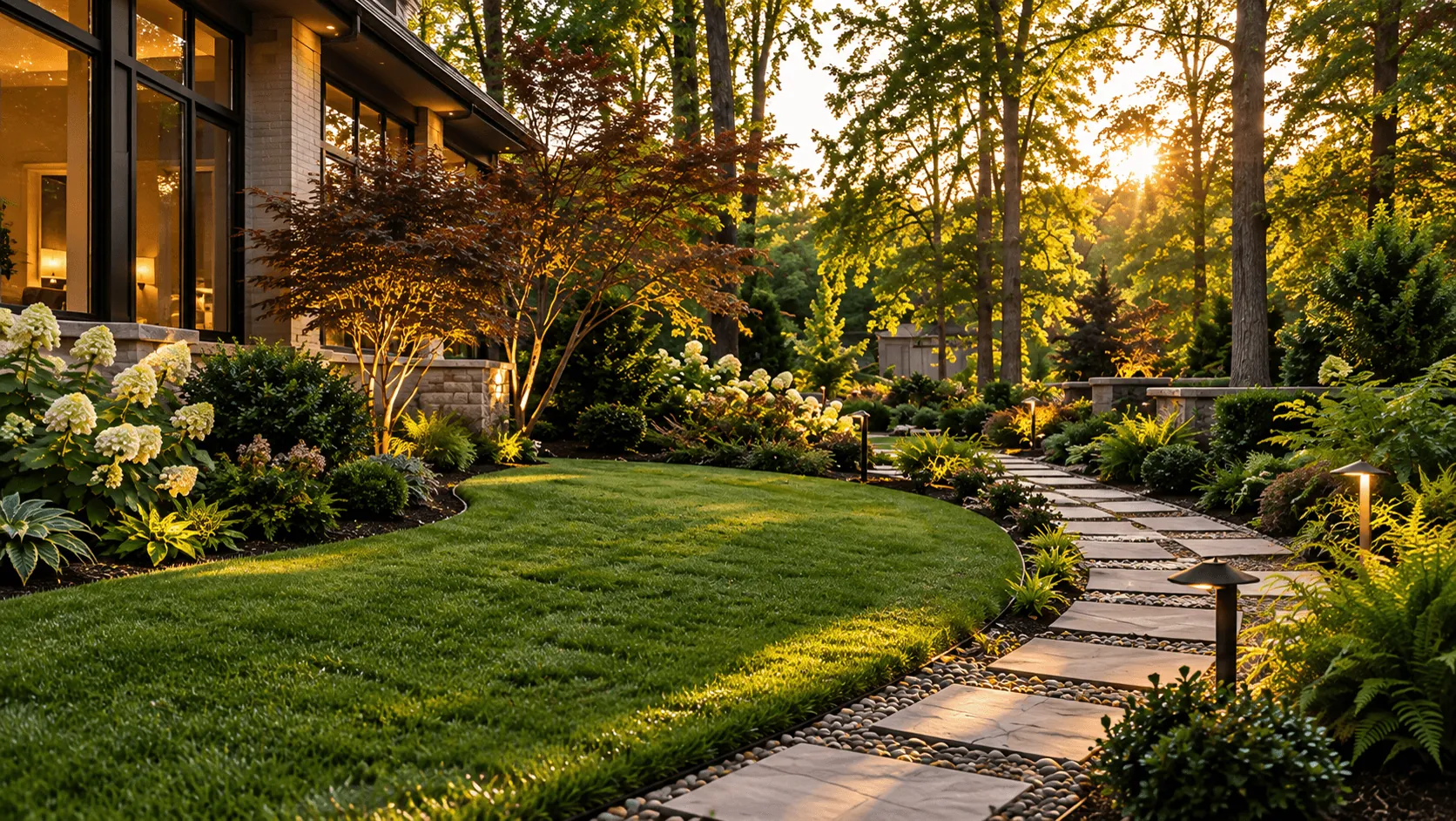 Great Neck Path in Virginia Beach: stepping-stone path curving past planted beds and lawn beside the house
