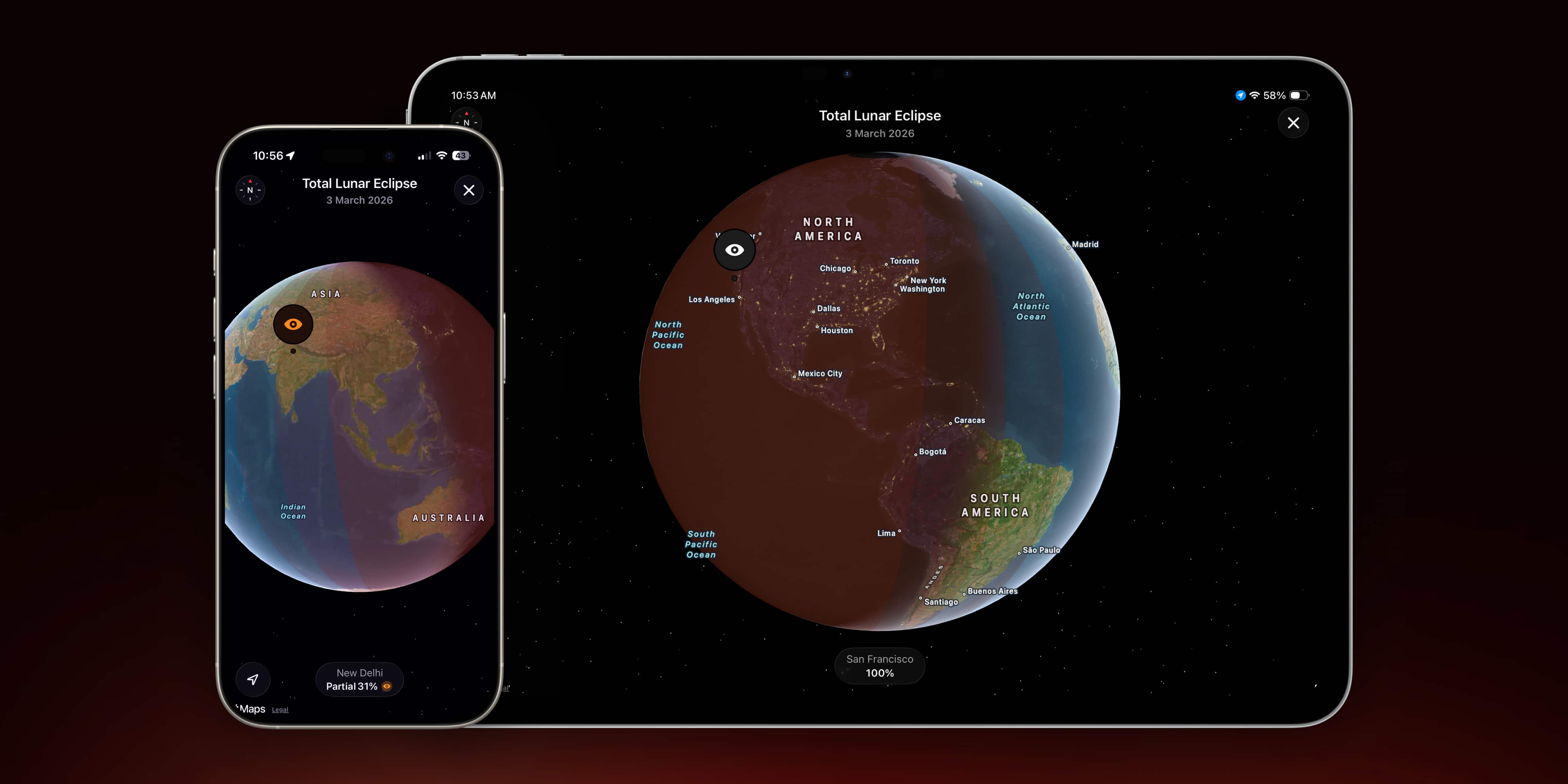 Map page of Moonlitt App. Annular Solar Eclipse 17 February 2026