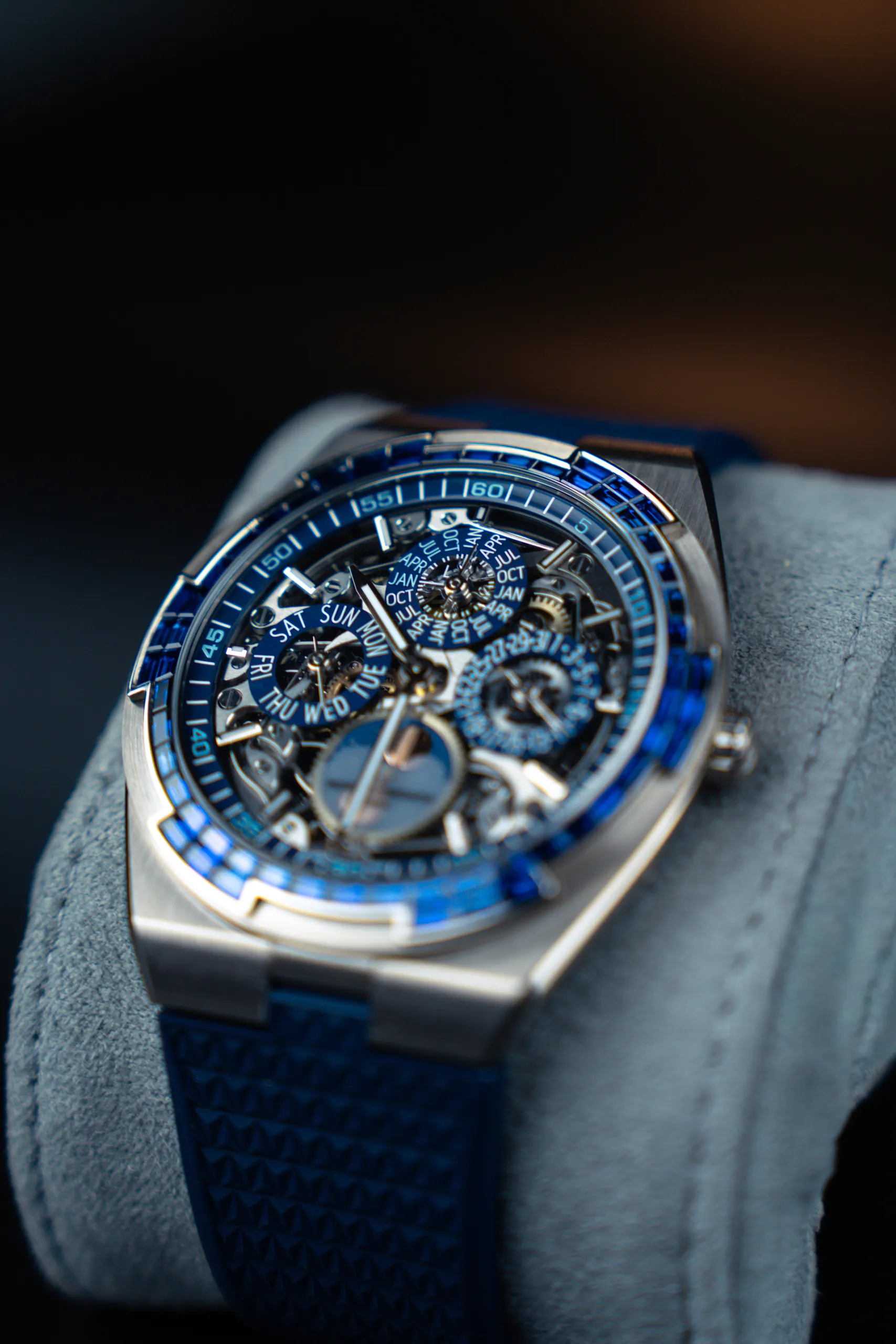 Angled view of the Vacheron Constantin Overseas Perpetual Calendar Sapphire Bezel 4307V showing the white gold case