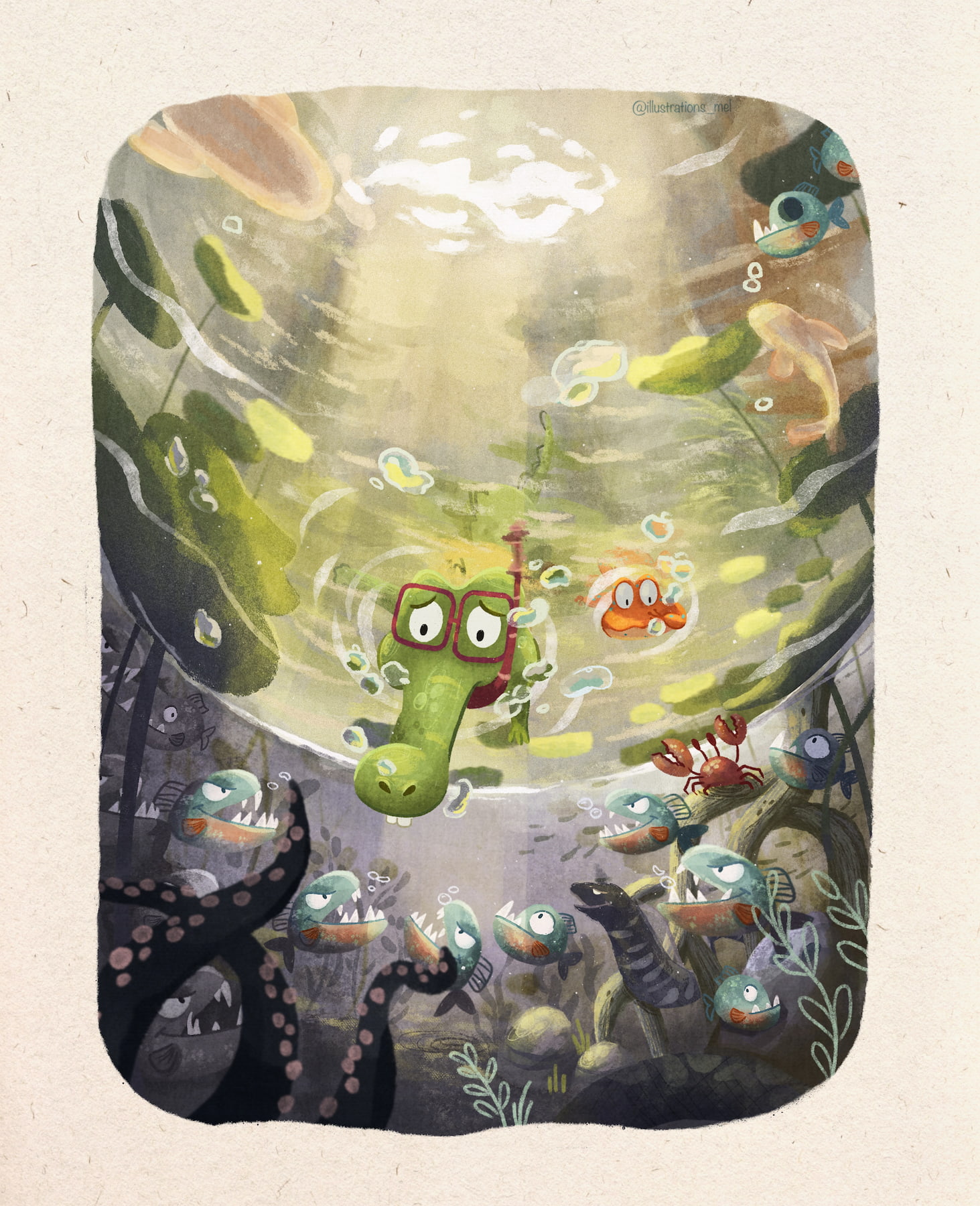 A crocodile and a frog underwater, frightened as they discover piranhas and dangerous creatures beneath the surface.