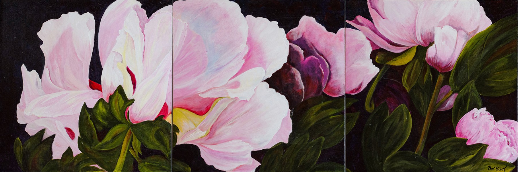 Three canvases come together horizontally to create a triptych, capturing the magnificence of these pink rhododendron flowers.