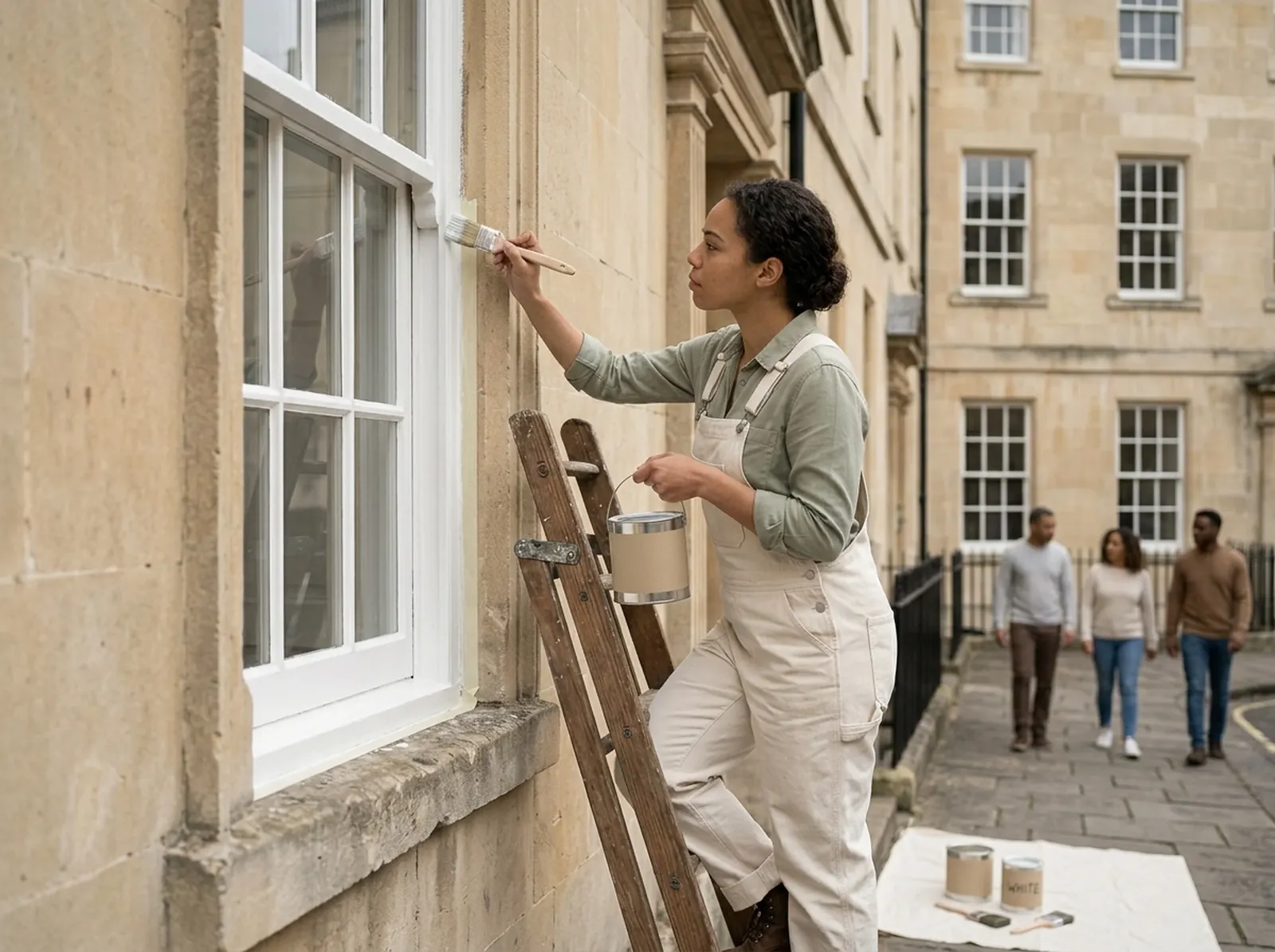 A decorator on a ladder painting white sash window frames on a Bath stone house