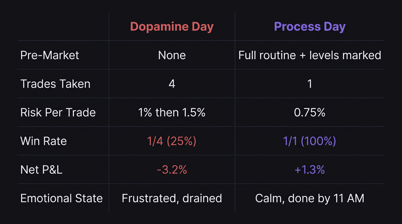 Comparison table showing dopamine-driven day versus process-driven day outcomes