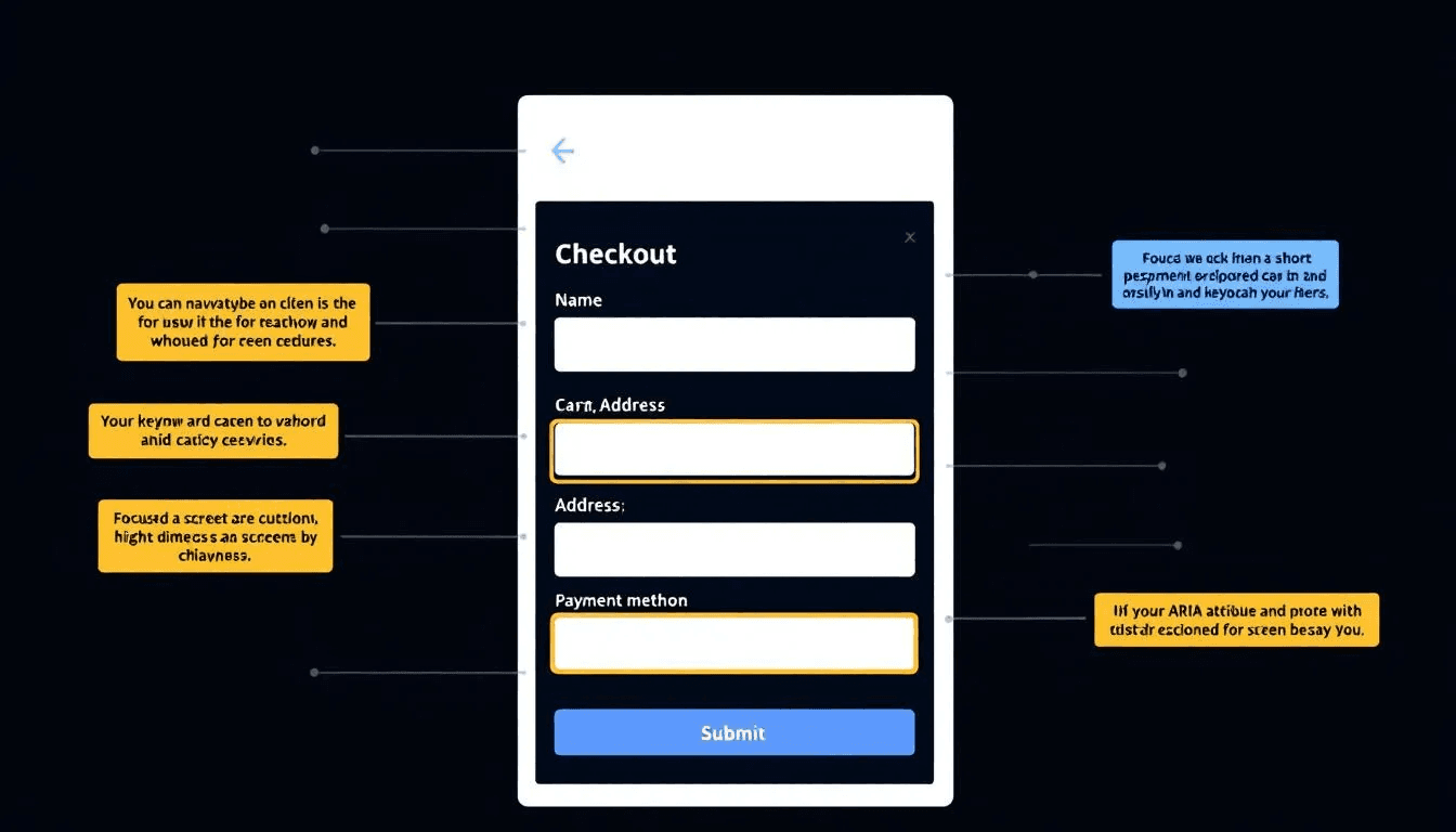 The image depicts an accessible checkout interface designed for e-commerce, featuring clear form labels and highlighted keyboard navigation, ensuring usability for visually impaired users and compliance with the European Accessibility Act. This interface supports assistive technologies, enhancing digital accessibility for a broader audience.