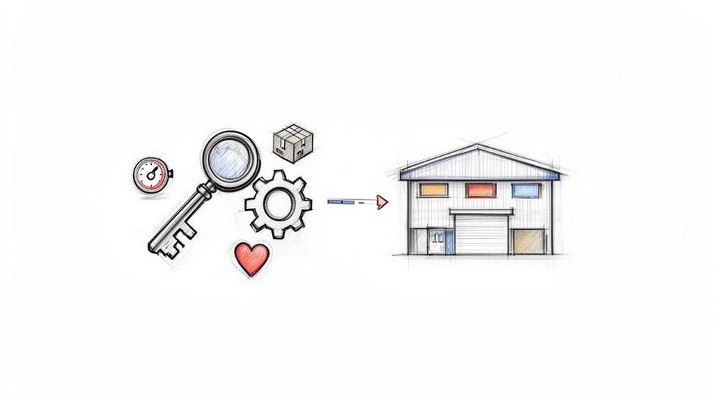 Sketch illustration of time, search, passion, process, and products pointing to a warehouse.