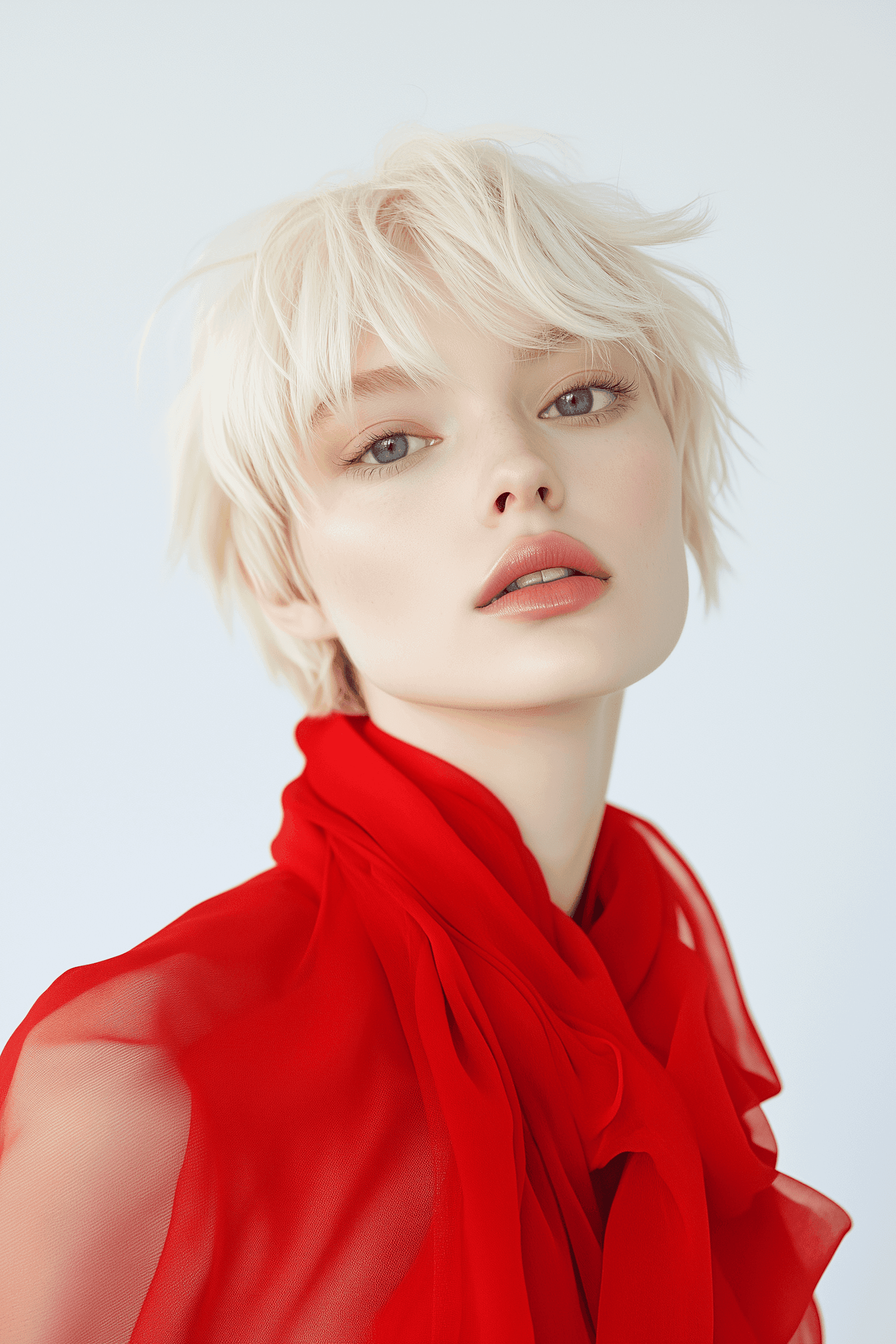 Blonde woman in red turtleneck looking over shoulder