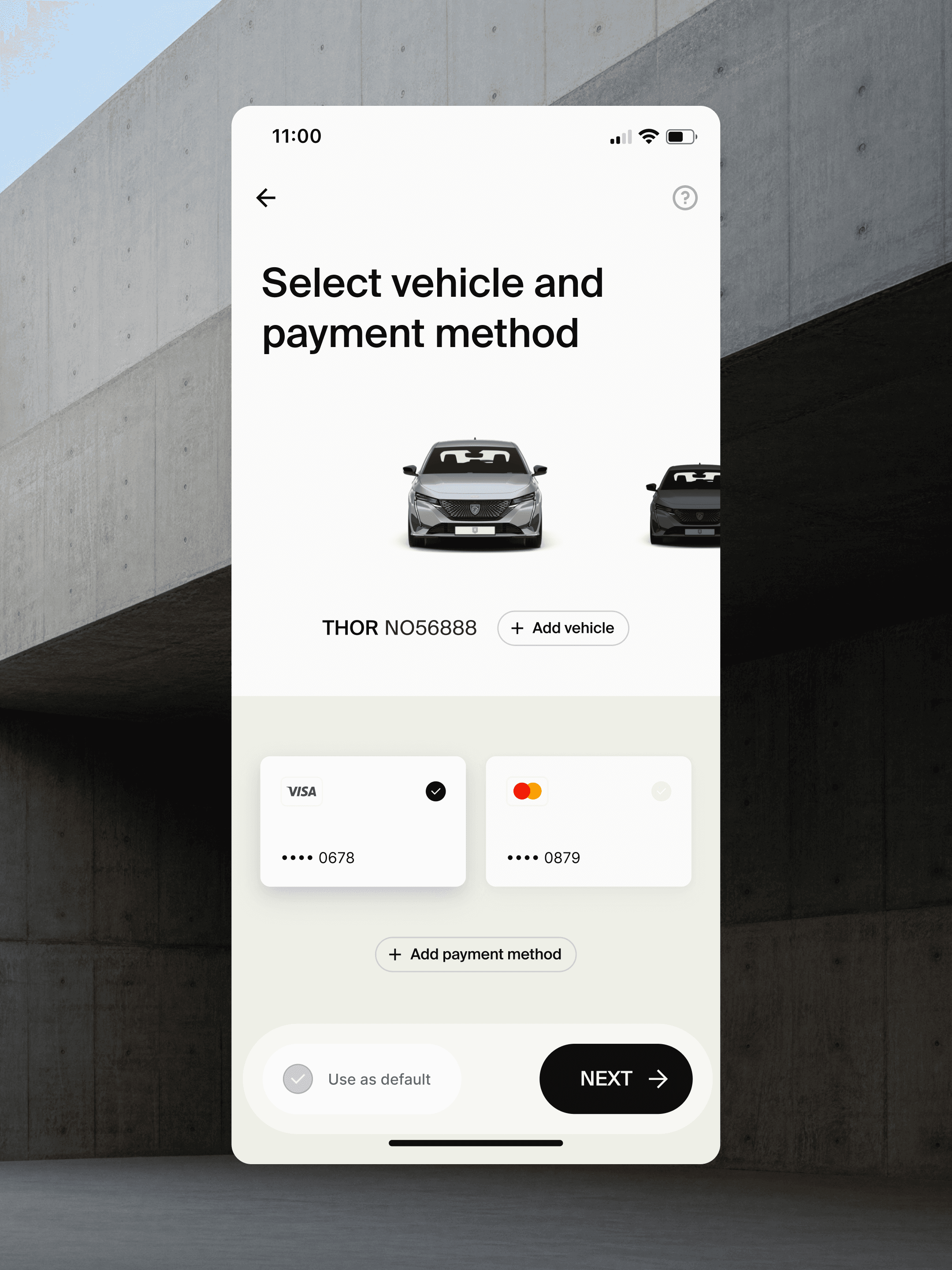 UI screen for selecting vehicle profiles and payment methods with high-fidelity car renders.